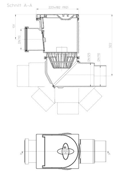 Regensinkkasten mit seitlichem Anschluss DN110 für Regenwasserfallleitungen und Abgang DN110/125 mit Drehgelenk, Laubfangkorb, mechanischer Geruchsklappe und Reinigungsdeckel HL600NHO